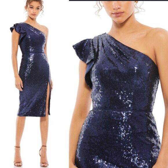 Mac Duggal Navy Sequin One-Shoulder Midi Dress - Picture 1 of 9